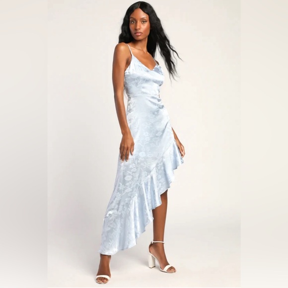 Love It Light Blue Satin Floral Jacquard Asymmetrical Midi Dress - Picture 2 of 7